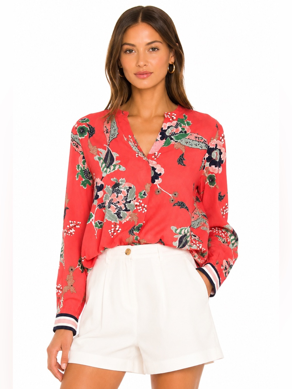 Part Two Floral V-Neck Long-Sleeve Blouse in Coral Red